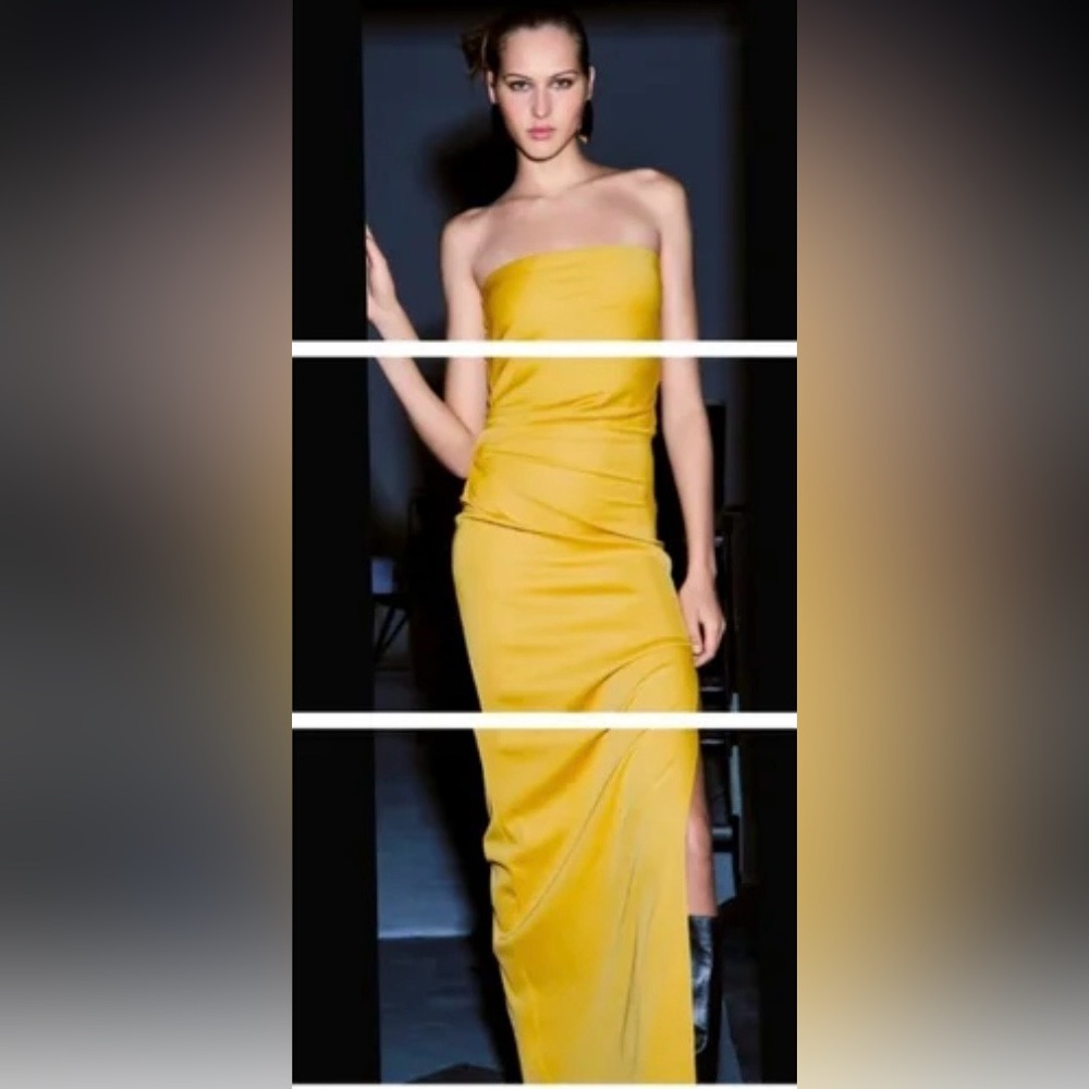 Zara ZW Collection Strapless Ruched High Slit Maxi Dress in Goldenrod ZB8